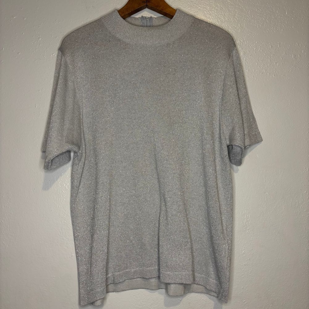Y2k Rochelle California Silver Sparkly Knit High Mock Neck Sweater Boho L Large